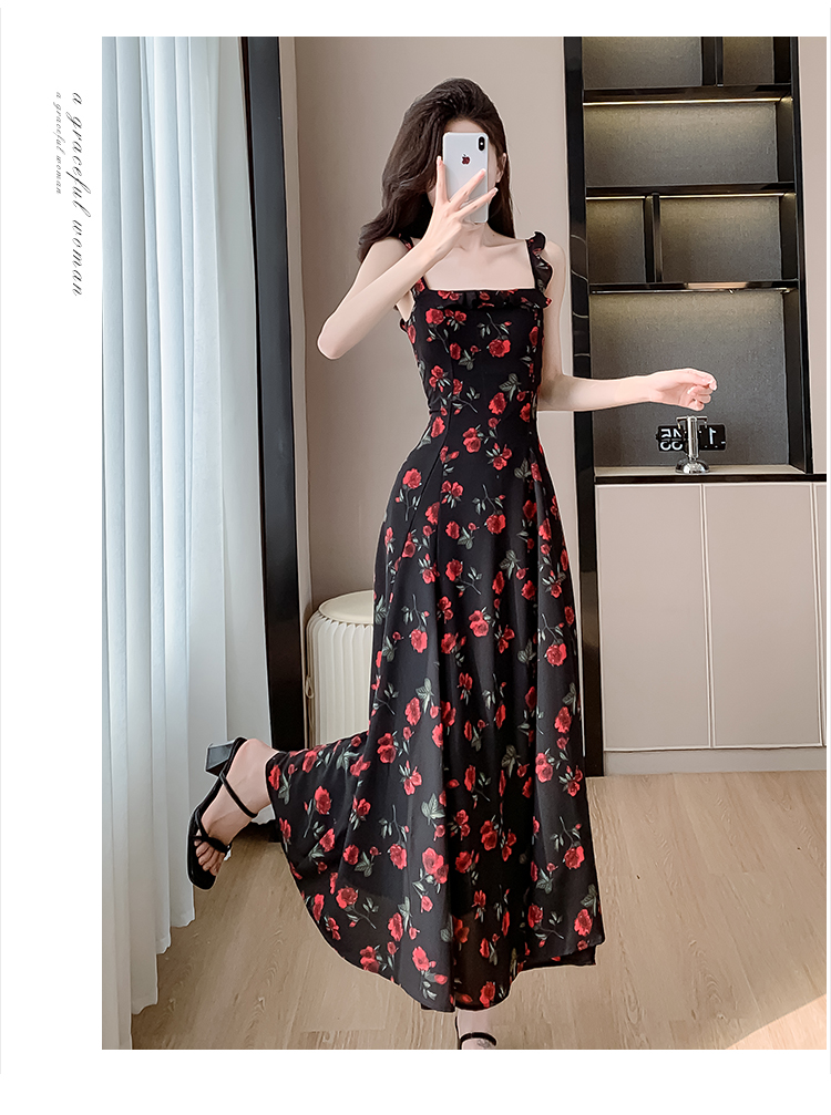 OD682: váy voan in hoa hồng thanh lịch Pháp váy dài