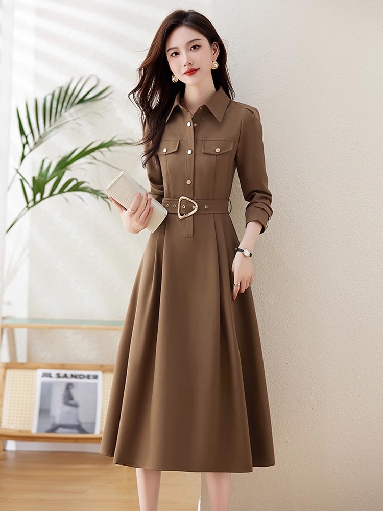 OD637: Váy sơ mi dài tay cao cấp dài qua đầu gối