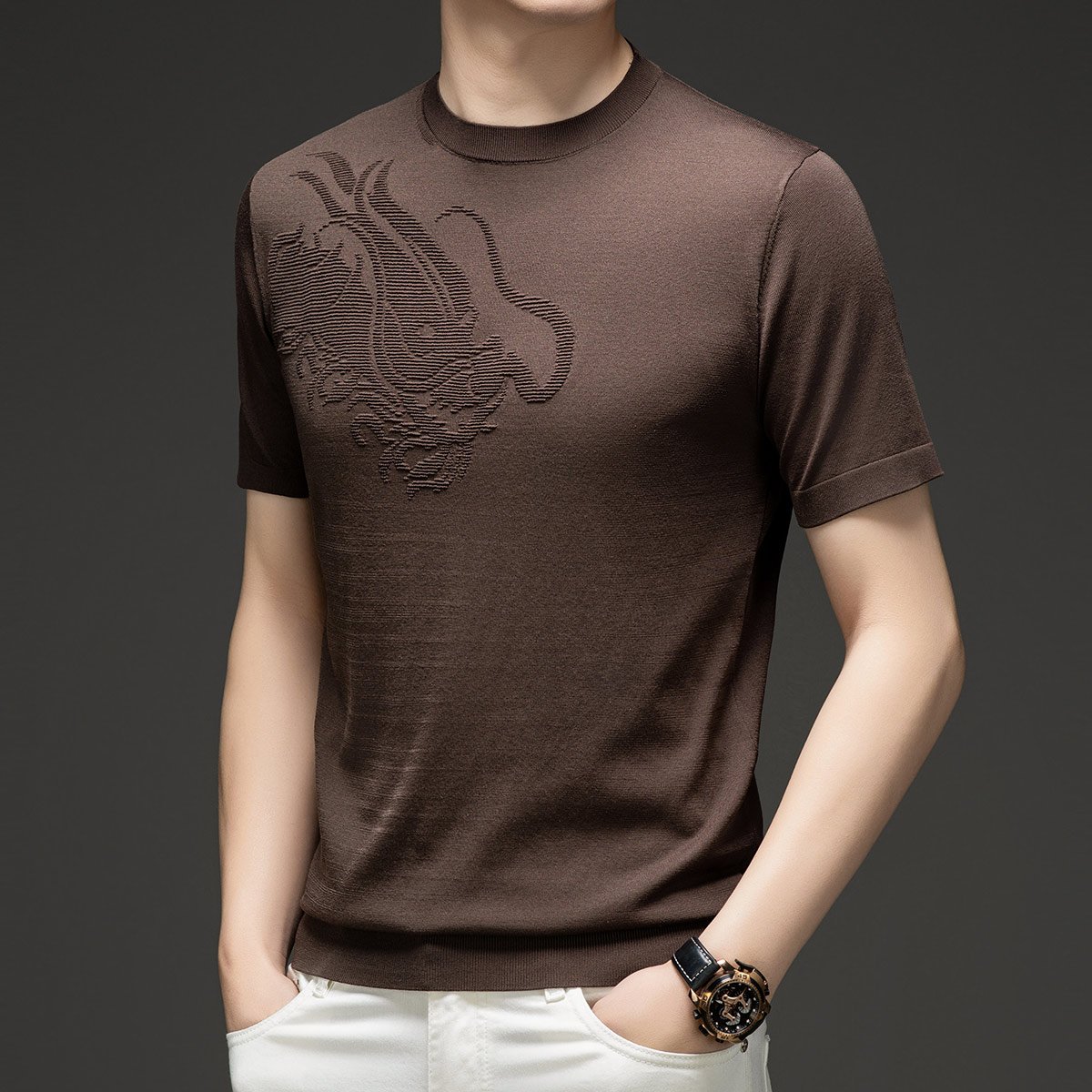 OD331: Áo thun nam mùa hè cổ tròn cổ tròn dệt hoa hình rồng tencel