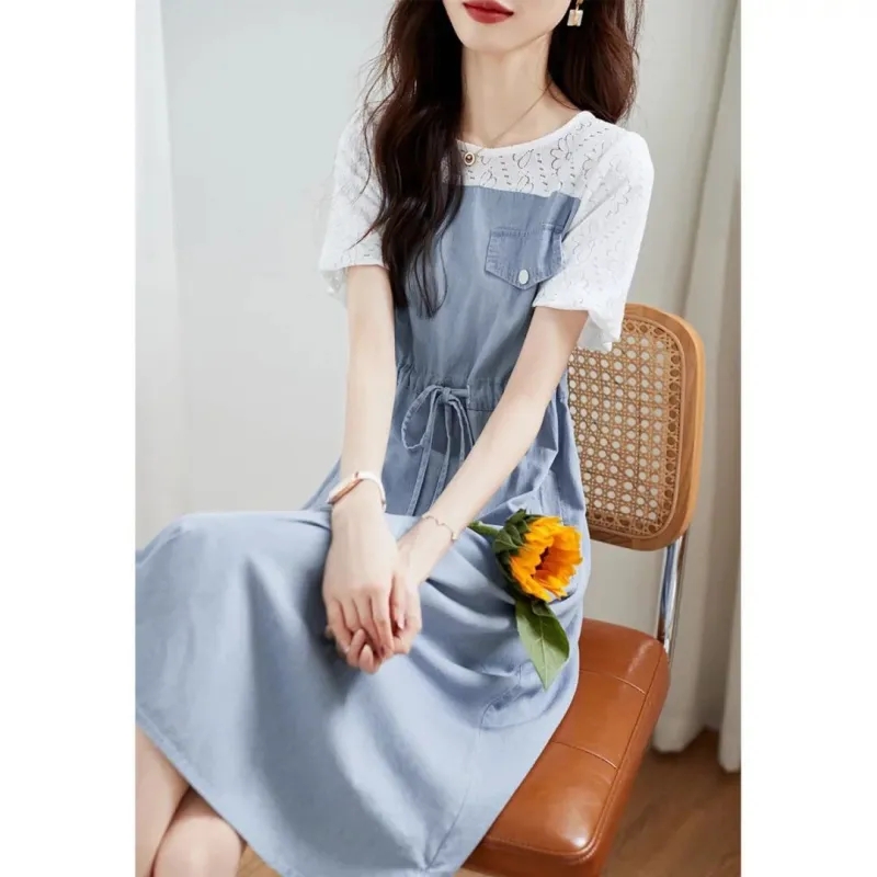 OD057: đầm phối dây buộc eo dáng xòe nhẹ