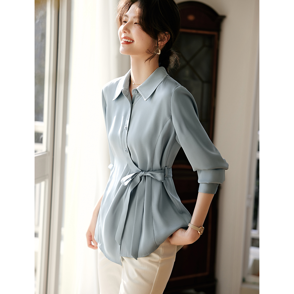 OD126: áo sơ mi lụa nữ phối dây eo