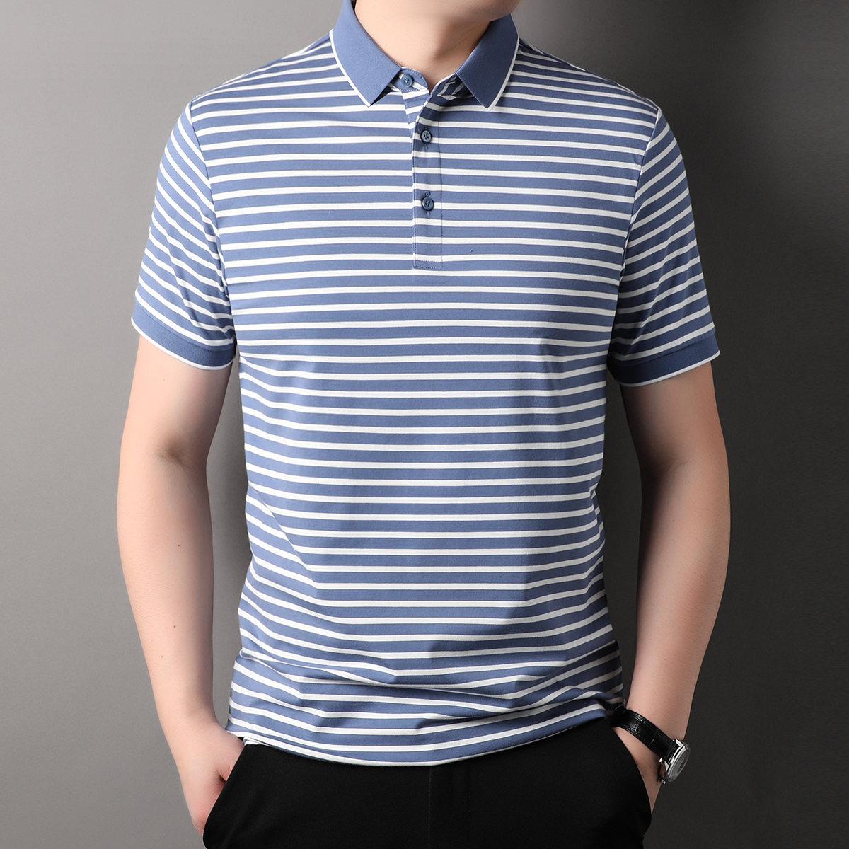 OD329: Áo thun lạnh cotton sợi tằm ngắn tay mùa hè nam sọc atn