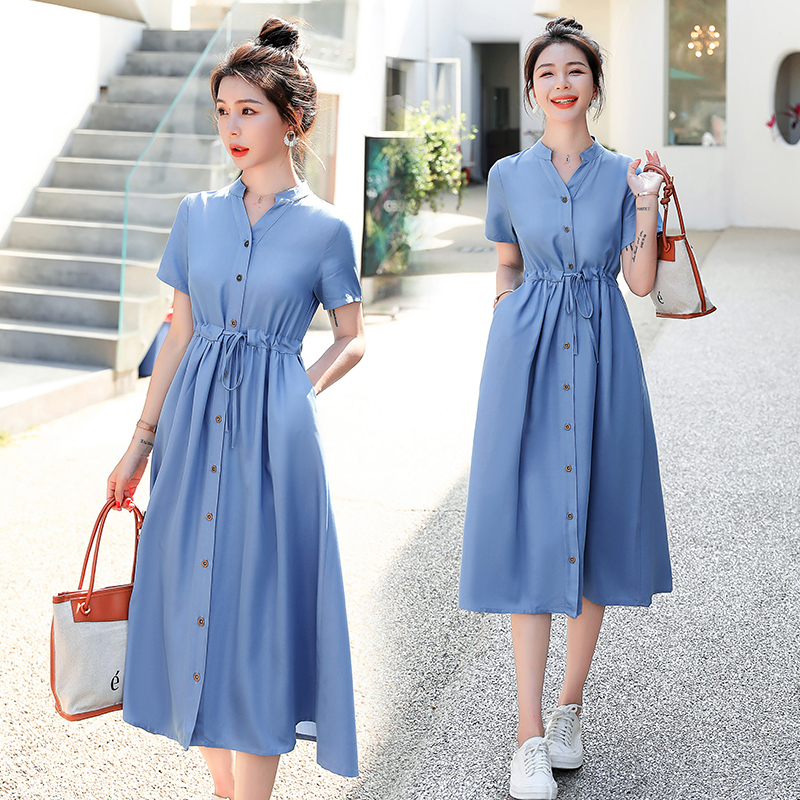 OD648: Váy sơ mi denim Tencel nữ dáng dài quá gối đai eo