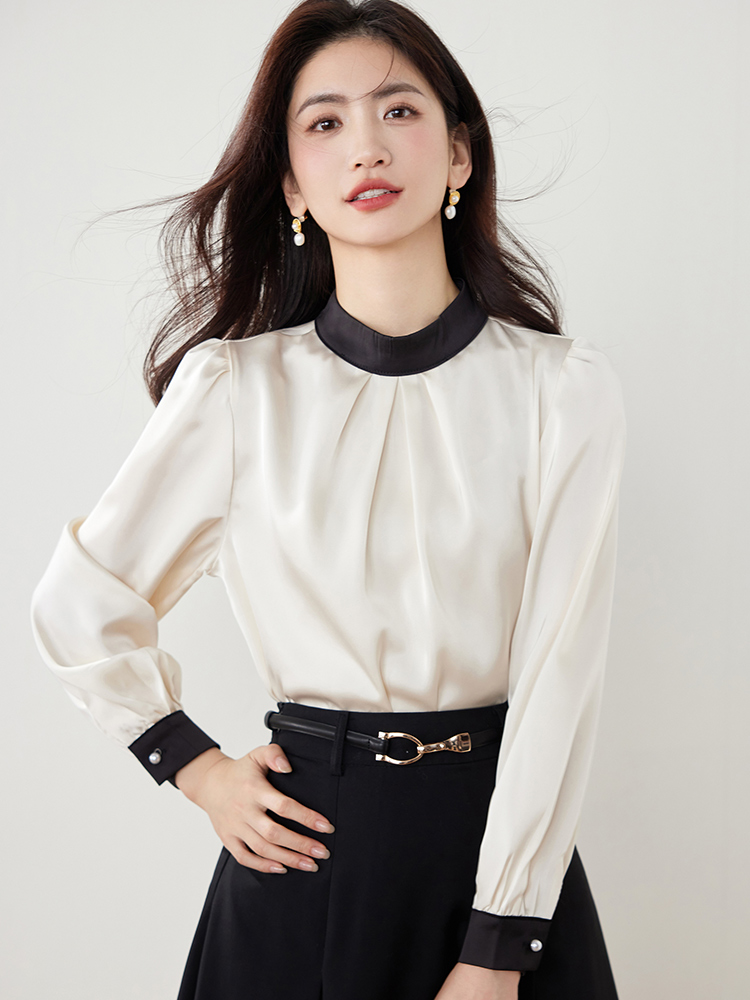 OE396: Áo sơ mi vải satin chiffon cổ đứng phối màu kiểu Pháp nữ
