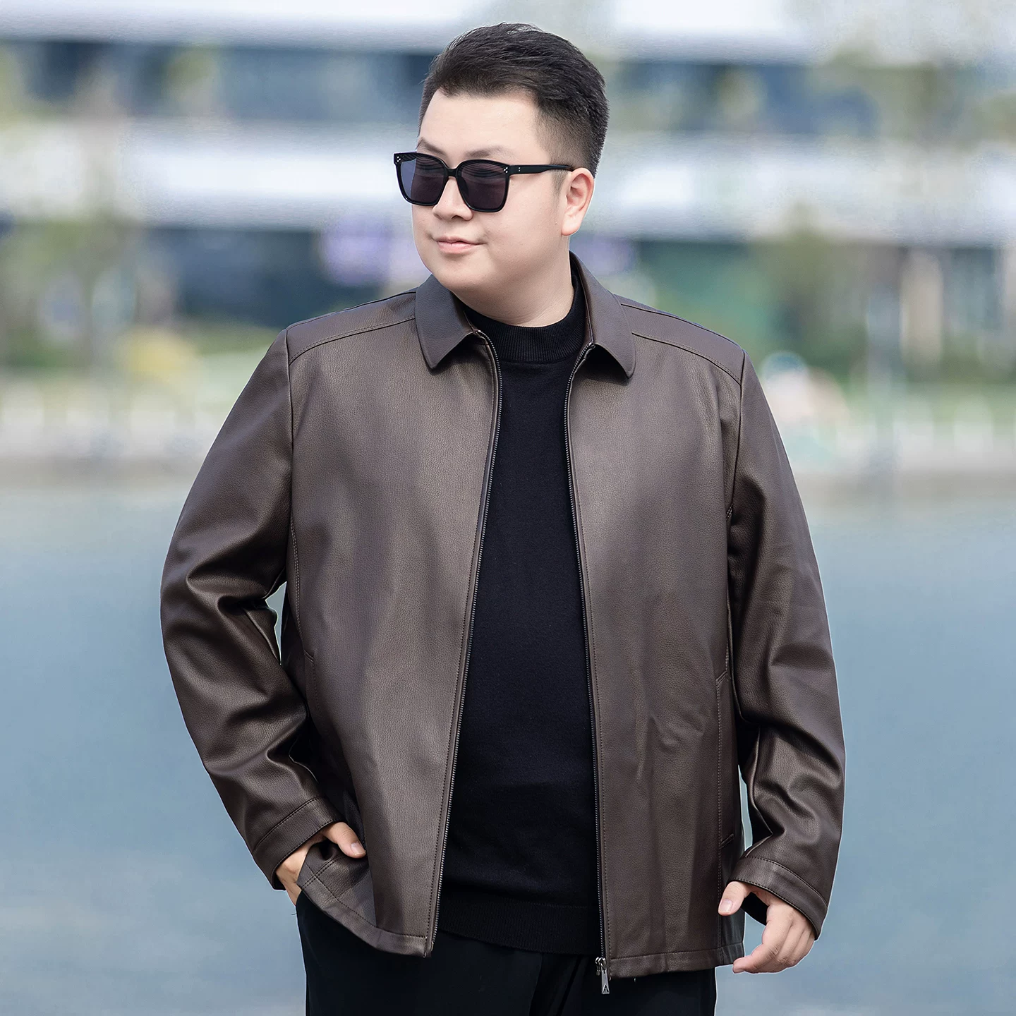 OH141: Áo khoác da đen dành cho nam, cỡ lớn