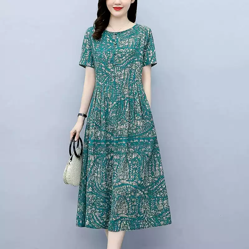 OD798: Váy cotton lanh tay ngắn cổ tròn in họa tiết cổ điển váy chữ A