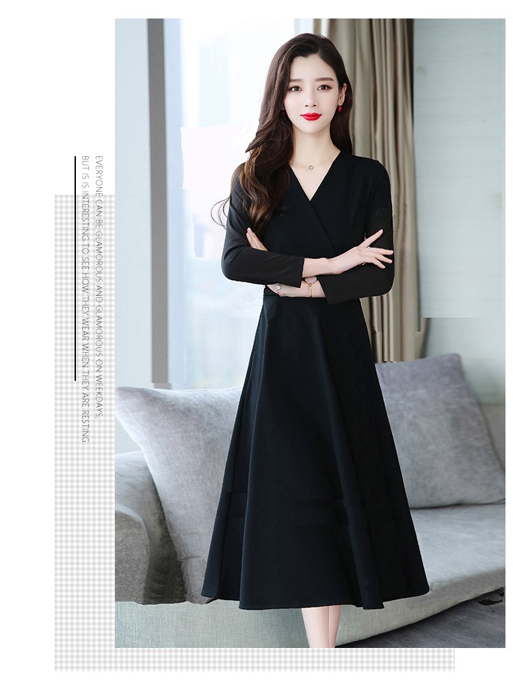 OD661: Đầm Nữ Xuân Thuváy dài qua gối Cổ Chữ V Màu Đen Thời Trang Cao Cấp