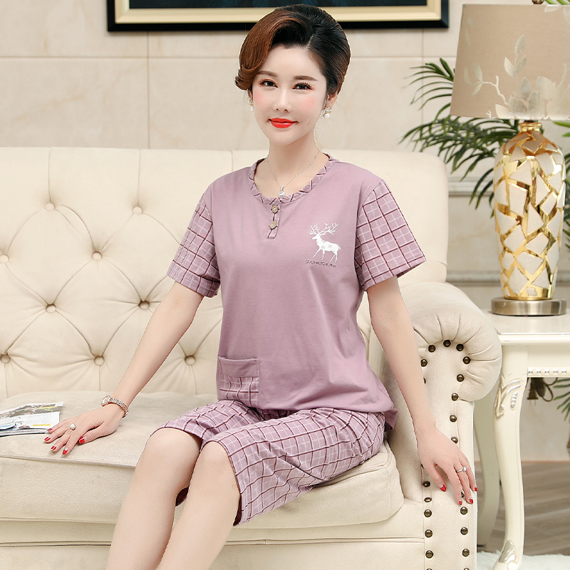 OE533: bộ đồ ngủ cotton mới cho phụ nữ SPNN mùa hè ngắn tay trung niên mặc nhà