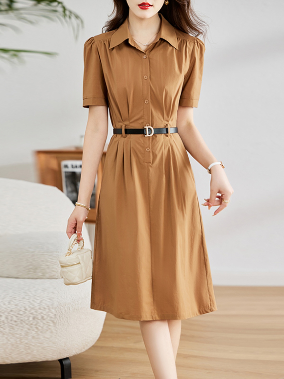 OD558: Đầm sơ mi cotton ngắn tay trang trọng