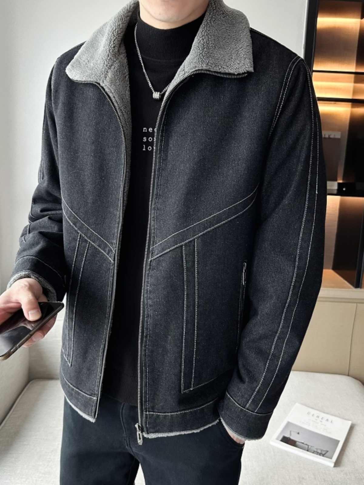 OC141: Áo khoác mùa đông nam denim cao cấp dày ấm cổ lông thú áo khoác nam cao cấp