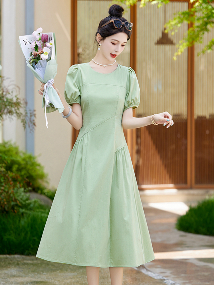 OD600: Váy cotton suông tay phồng váy dài xếp ly