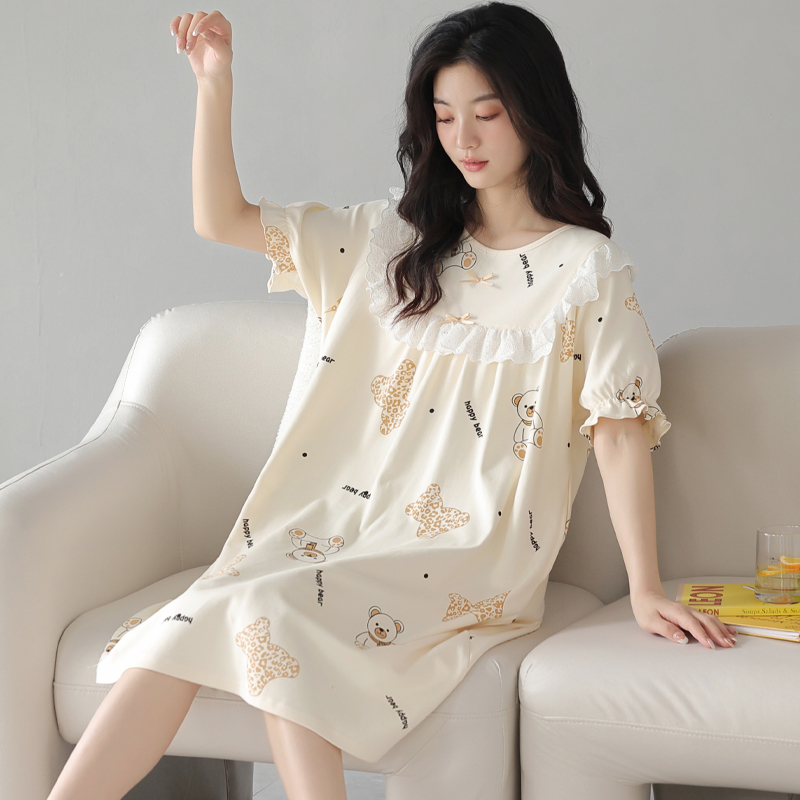 OE525: váy ngủ mới cho nữ SPNN mùa hè cotton ngắn tay