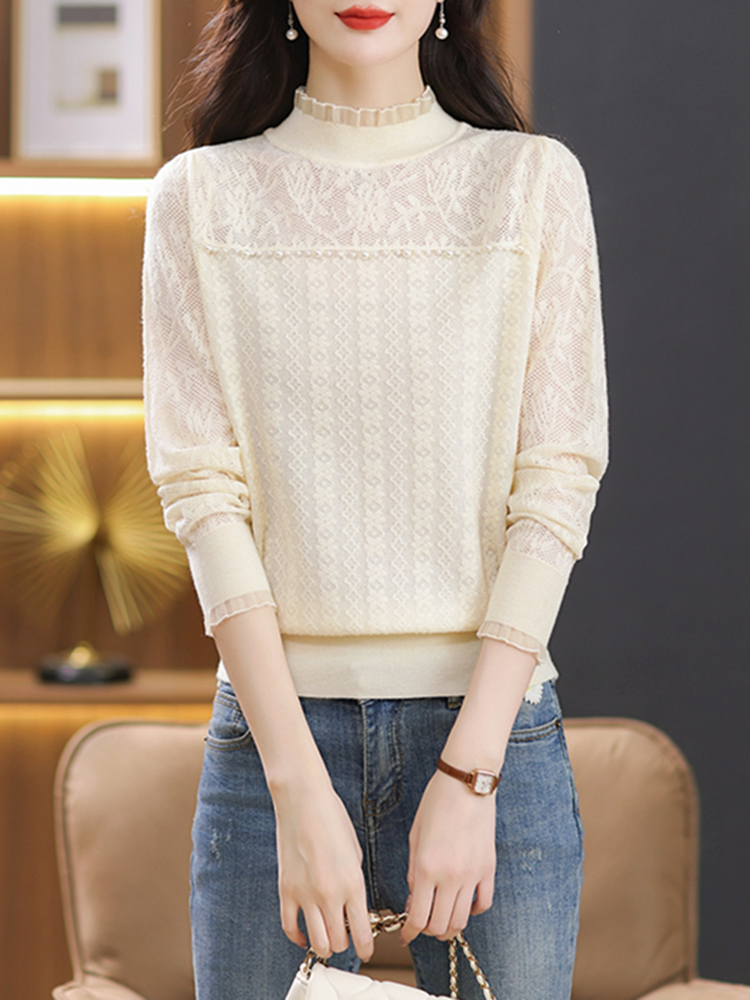 OD484: Áo sơ mi nữ nửa cổ cao cổ ren phong cách