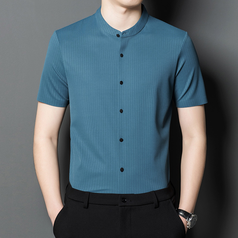 OE259: Áo sơ mi lụa lạnh tay ngắn cho nam cao cấp trung niên co giãn mịn áo sơ mi mùa hè sọc dọc jacquard giản dị mát mẻ