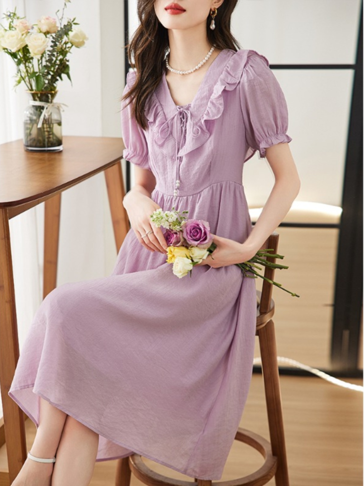 OD738: Thiết kế váy cổ chữ V màu tím niche nữ mùa hè