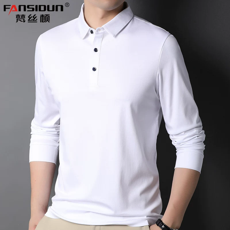 OH143: Áo thun dài tay nam bằng cotton nguyên chất, áo polo trắng