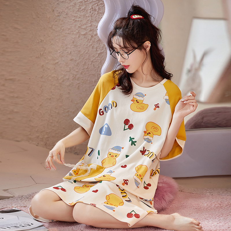 OE525: váy ngủ mới cho nữ SPNN mùa hè cotton ngắn tay