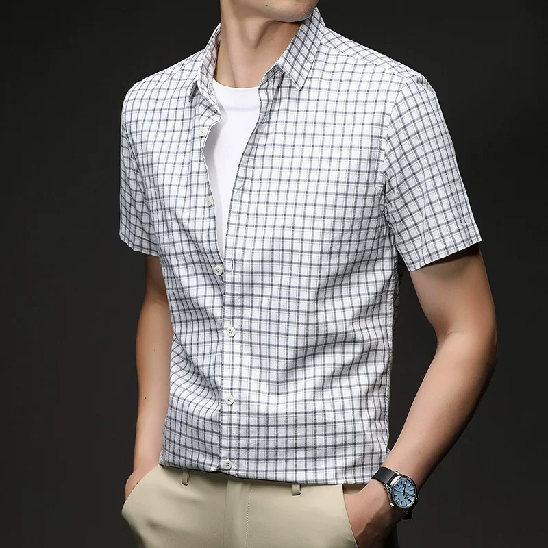 OE985: Áo sơ mi nam tay ngắn kẻ caro bằng cotton, mẫu mới mùa hè