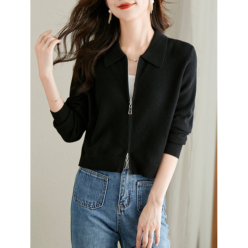 OE383: Áo len nữ cardigan len dệt kim ve áo khóa kéo đôi dành cho n