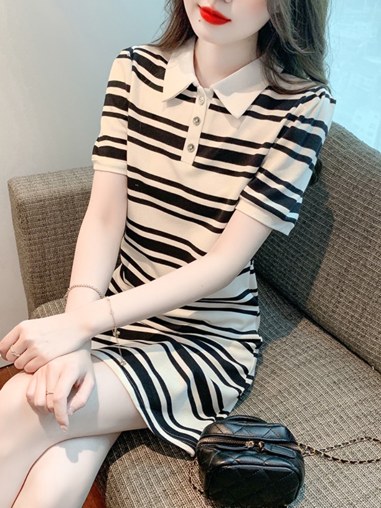 OD098: đầm thun sọc trẻ trung cổ polo
