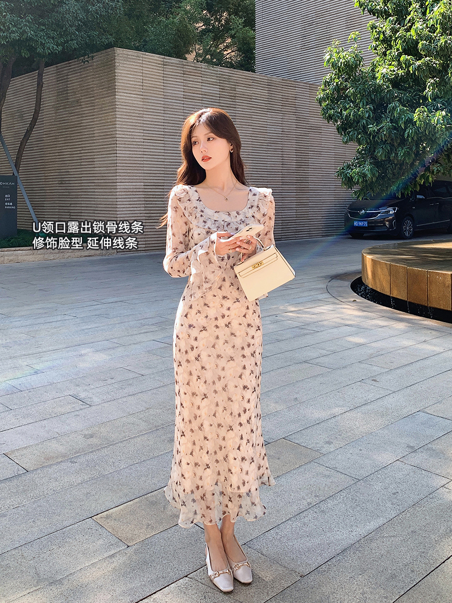 OE619: Váy dài tay chiffon hoa kiểu Pháp