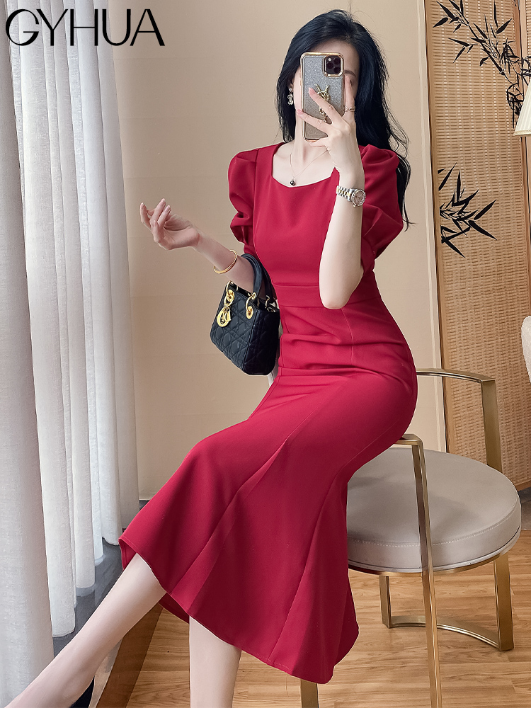 OE894: Váy dài tay bồng nữ mùa hè mới kiểu dáng sang trọng cao cấp dáng váy đuôi cá dáng dài ôm sát