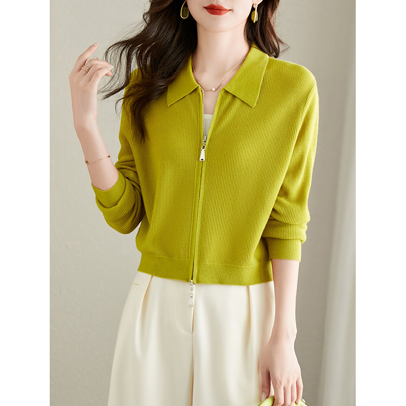 OE383: Áo len nữ cardigan len dệt kim ve áo khóa kéo đôi dành cho n