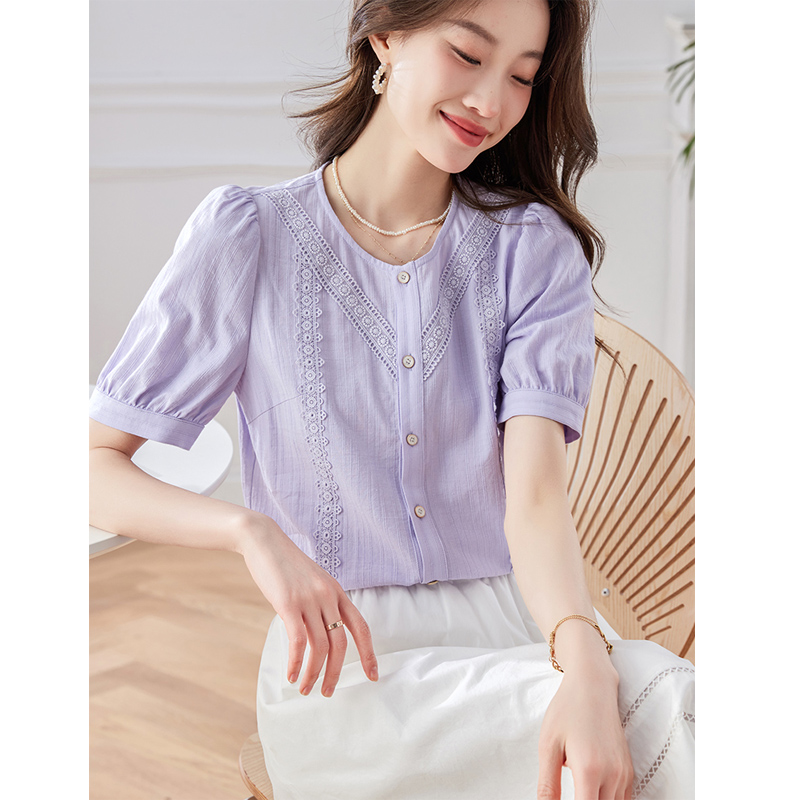 OD551: áo sơ mi nữ ngắn tay phối ren
