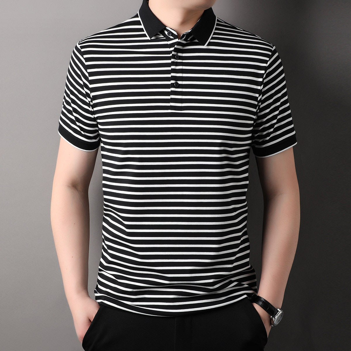 OD329: Áo thun lạnh cotton sợi tằm ngắn tay mùa hè nam sọc atn