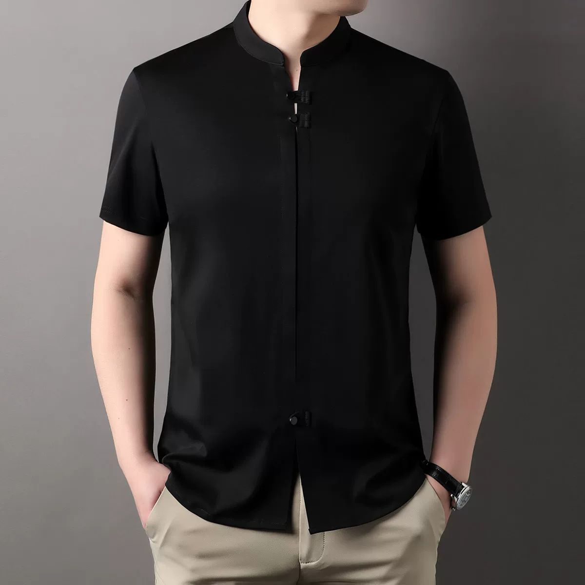 OH029: Áo thun nam tay ngắn mỏng kiểu Trung Quốc, cổ đứng, cài khuy, chất liệu cotton