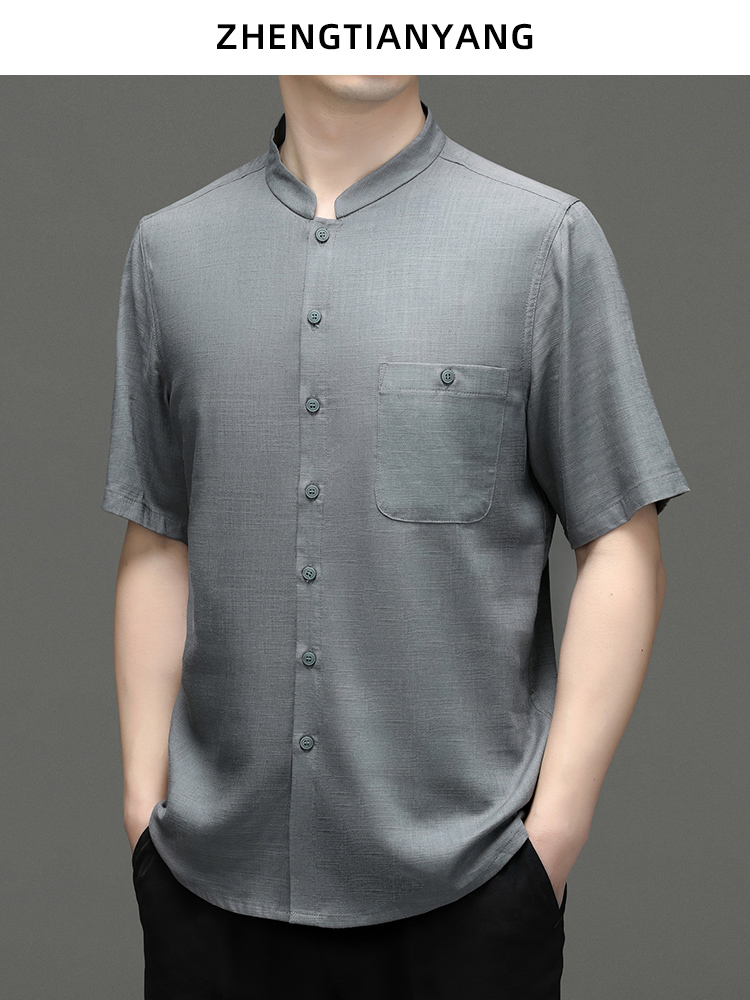 OE248: Áo sơ mi tay ngắn nam cao cấp trung niên vải lanh Tencel mùa hè cổ đứng