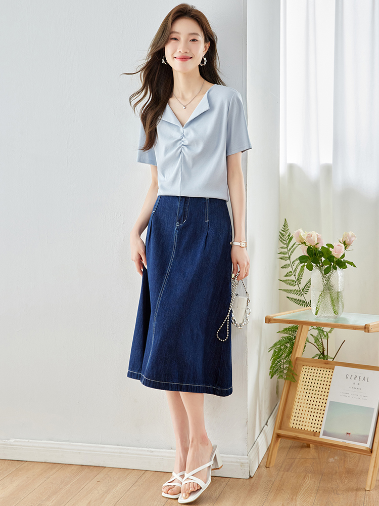 OE400: áo sơ mi nữ cổ chữ V cotton nguyên chất tay ngắn áo phông nữ