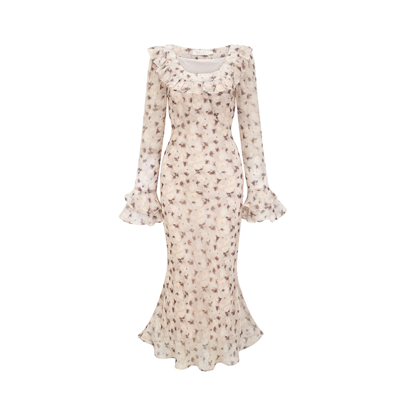 OE619: Váy dài tay chiffon hoa kiểu Pháp