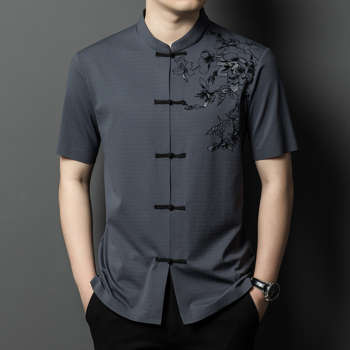 OD334: Áo sơ mi nam ngắn tay lụa mỏng cổ đứng in hình