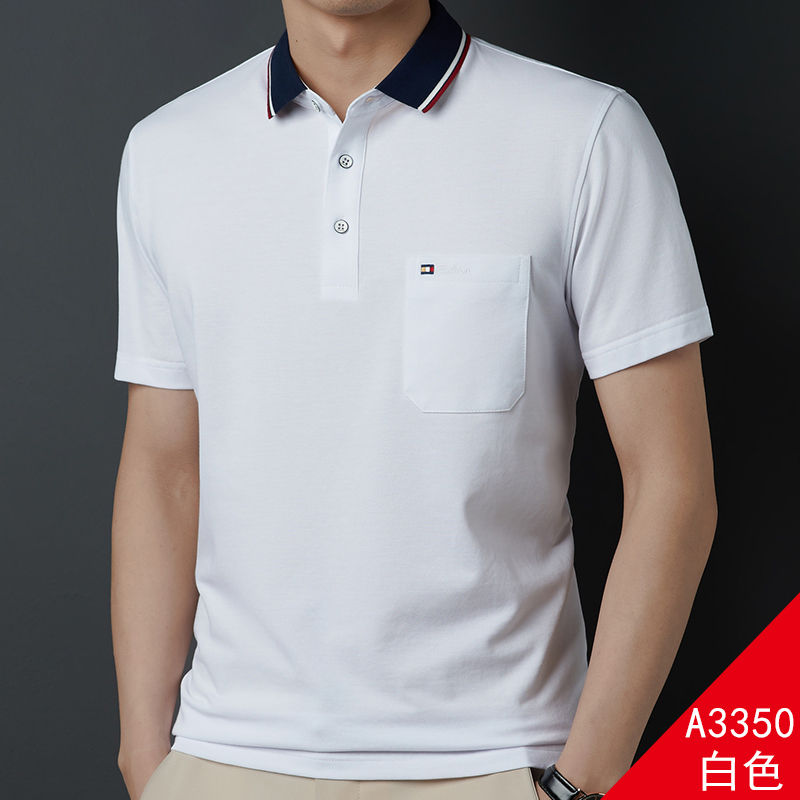 OE757: Áo thun nam cao cấp tay ngắn mùa hè cho bố trung niên cổ trắng có túi áo thun POLO cotton mercerized