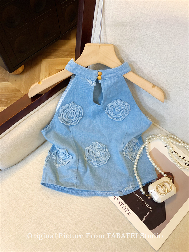 OD731: Áo sơ mi nữ vest denim thêu hoa hồng phong cách retro