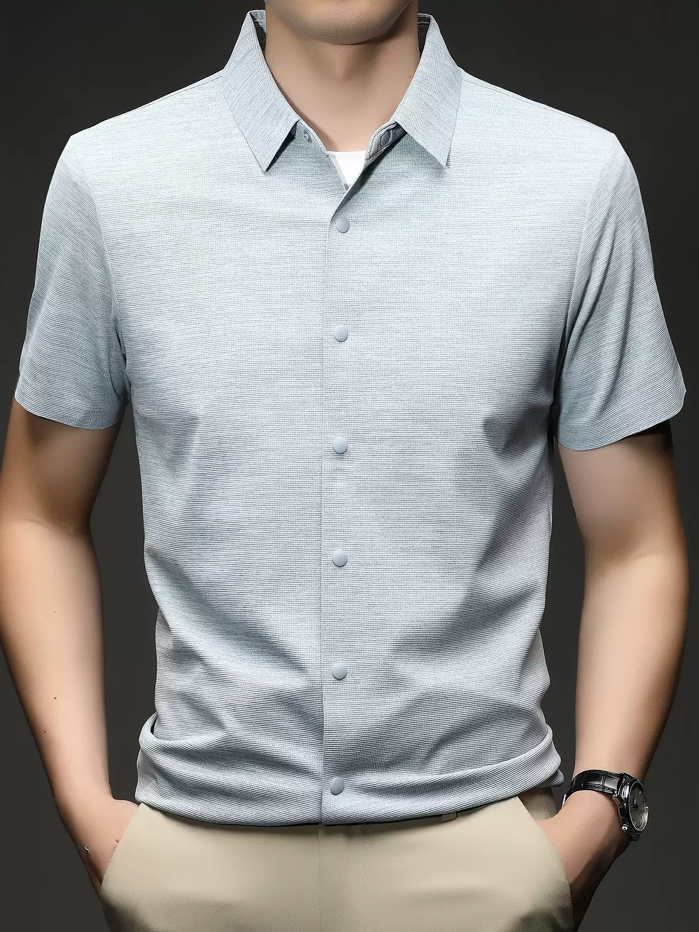 OE984: Áo sơ mi ngắn tay không đường may dành cho nam, phong cách Hàn