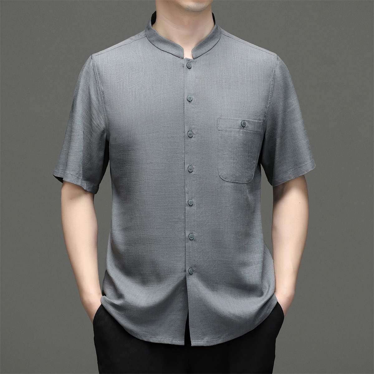 OE248: Áo sơ mi tay ngắn nam cao cấp trung niên vải lanh Tencel mùa hè cổ đứng