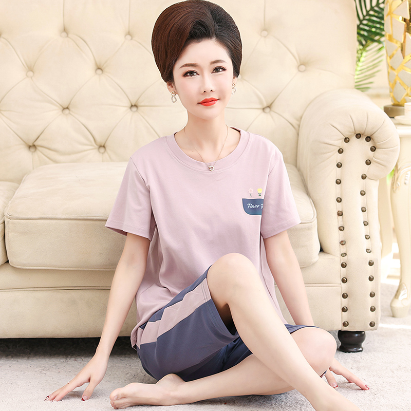 OE533: bộ đồ ngủ cotton mới cho phụ nữ SPNN mùa hè ngắn tay trung niên mặc nhà
