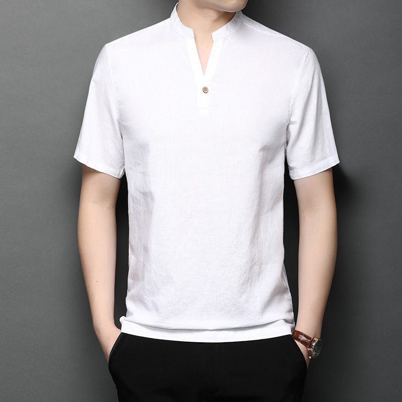 OE242: Áo thun nam cao cấp tay ngắn cổ đứng mùa hè vải lanh cotton