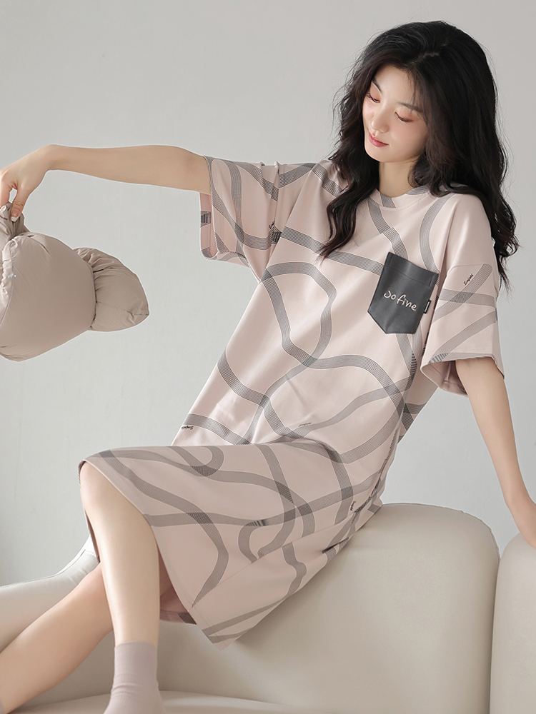 OE525: váy ngủ mới cho nữ SPNN mùa hè cotton ngắn tay