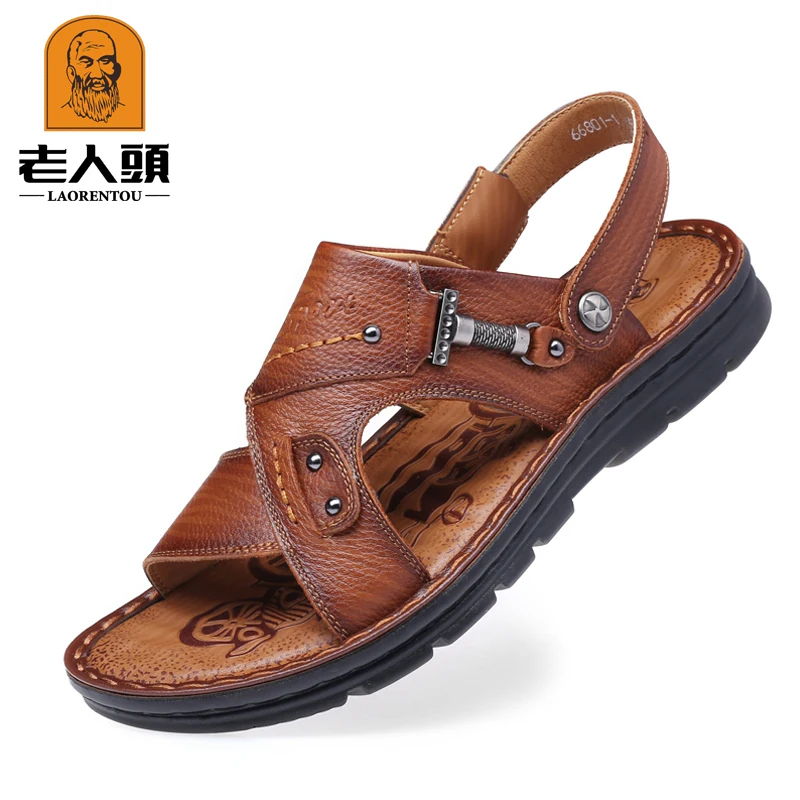 OH095: Dép da bò nam cao cấp kiểu mới mùa hè, thích hợp cho người trung niên và người cao tuổi, đế mềm