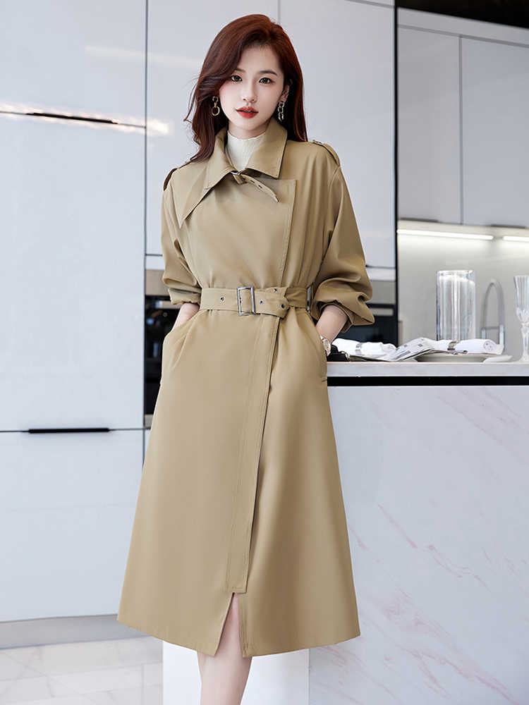 C168: Áo khoác kaki nữ dáng rộng buộc dây eo dài áo khoác phong cách Anh Quốc
