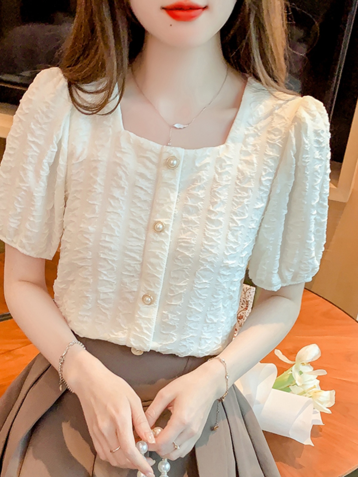 OD154: áo sơ mi nữ voan tay phồng nữ Pháp