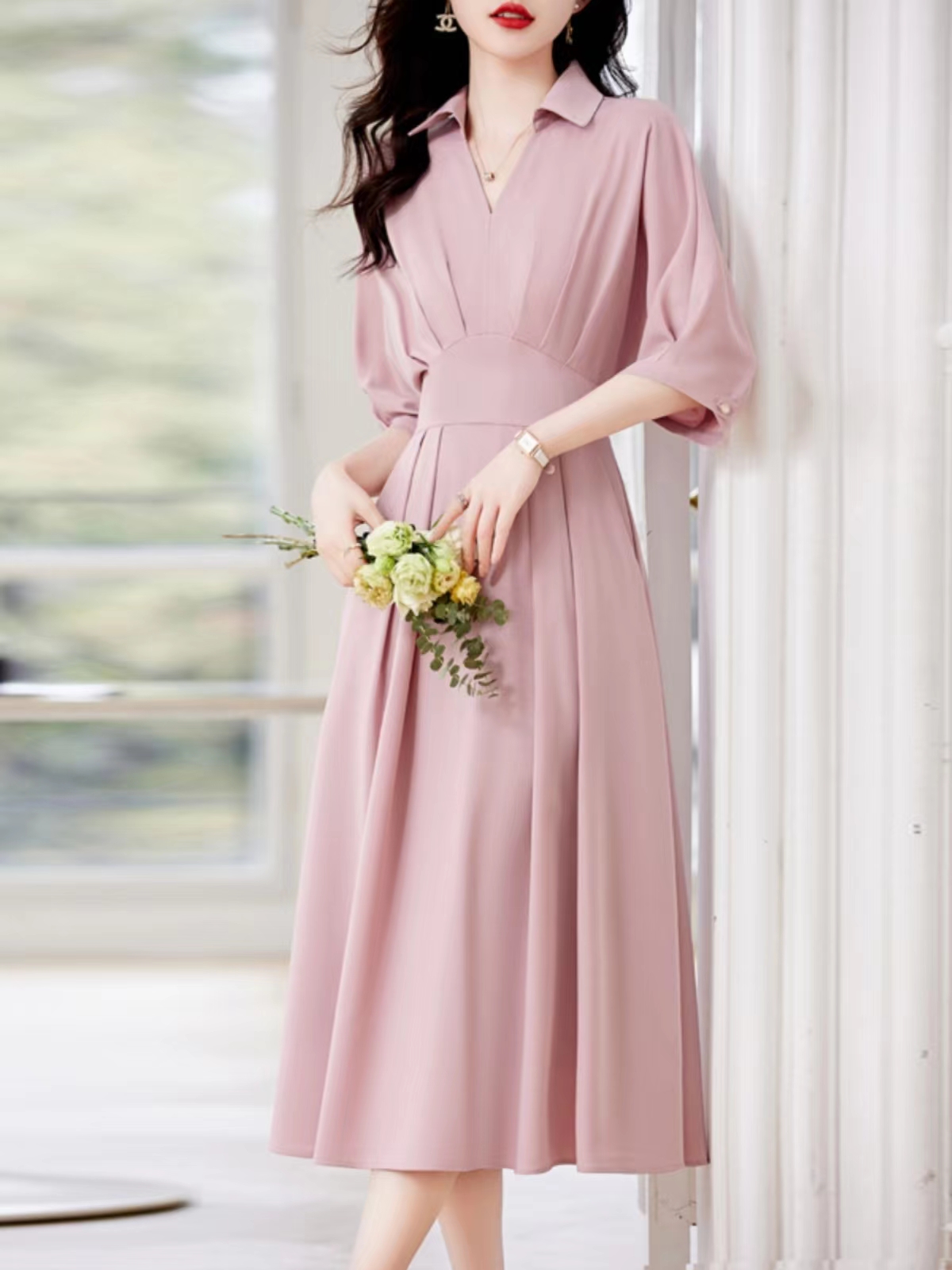 Mã B970: Đầm váy sơ mi nữ dáng dài chiết eo thanh lịch pc Hàn