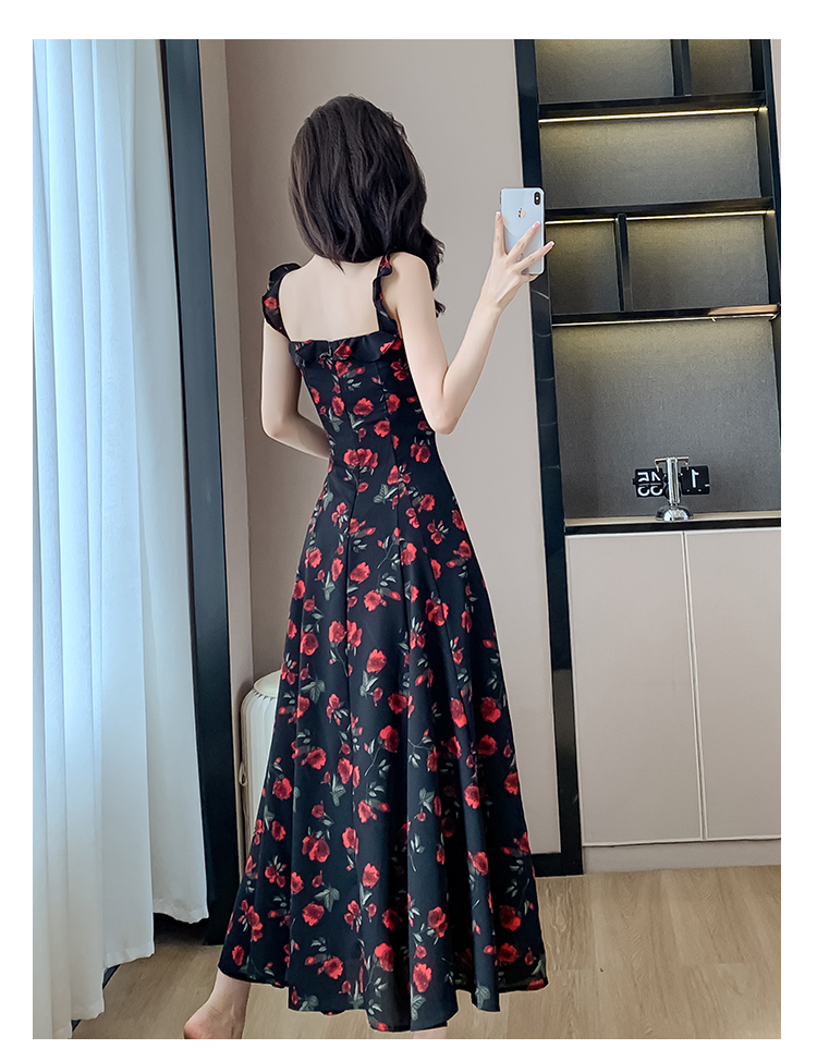 OD682: váy voan in hoa hồng thanh lịch Pháp váy dài