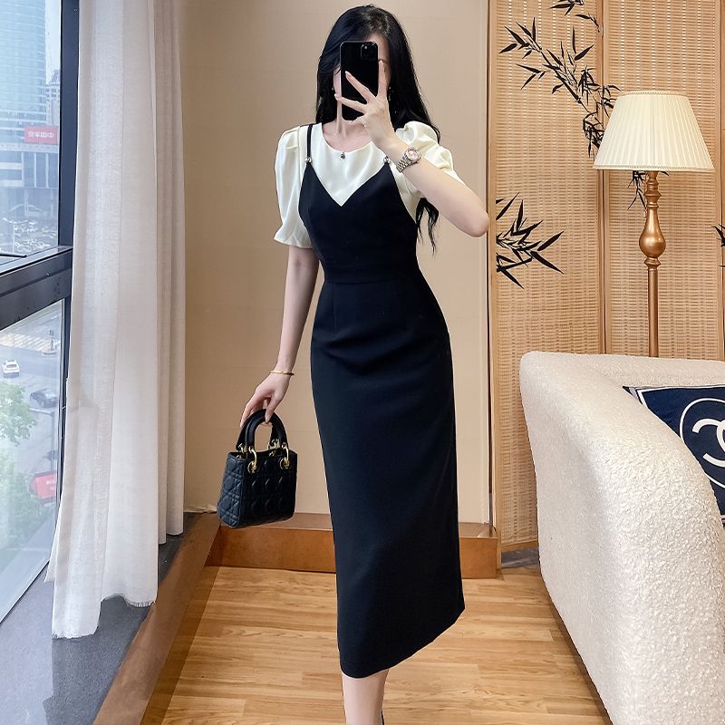 OE914: Váy đen tay ngắn mùa hè mới cho nữ