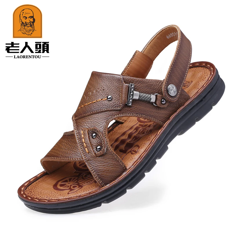 OH095: Dép da bò nam cao cấp kiểu mới mùa hè, thích hợp cho người trung niên và người cao tuổi, đế mềm