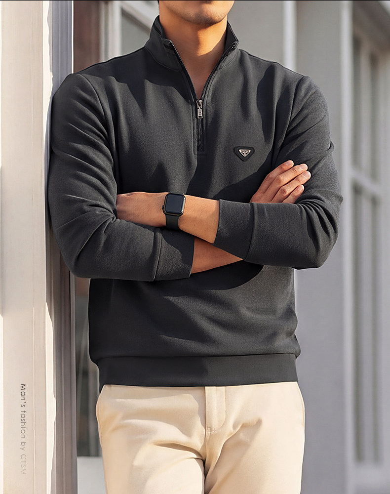OH087: Áo sweatshirt nam cao cấp cao cấp cổ đứng, khóa kéo nửa thân, phong cách tối giản