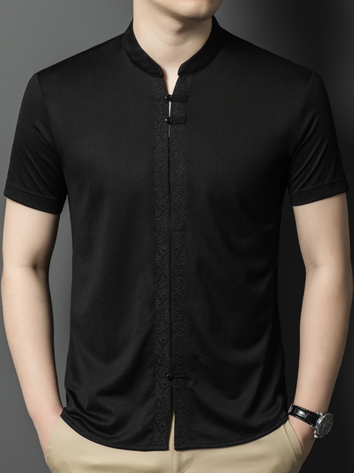 OE839: Áo thun nam tay ngắn cổ đứng phong cách Trung Hoa cao cấp